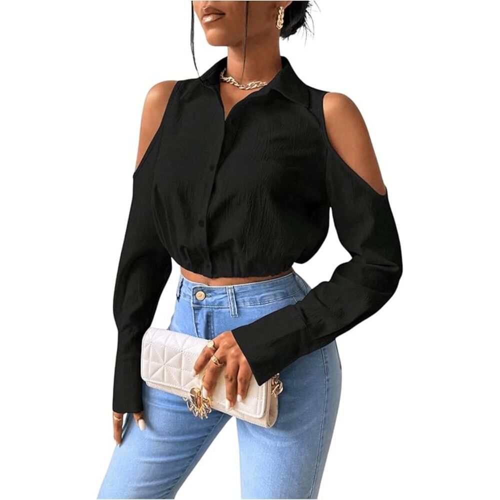 Cold Shoulder Button Down Collared Cropped Blouse, XXL, 15H-196T004